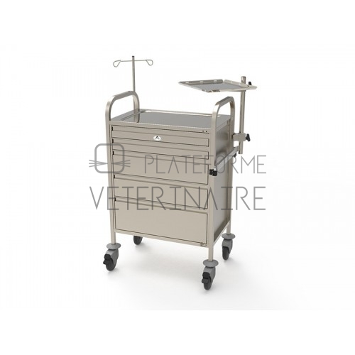 CHARIOT URGENCE INOX AVEC TABLETTE PORTE DEFIBRILLATEUR ET RAIL