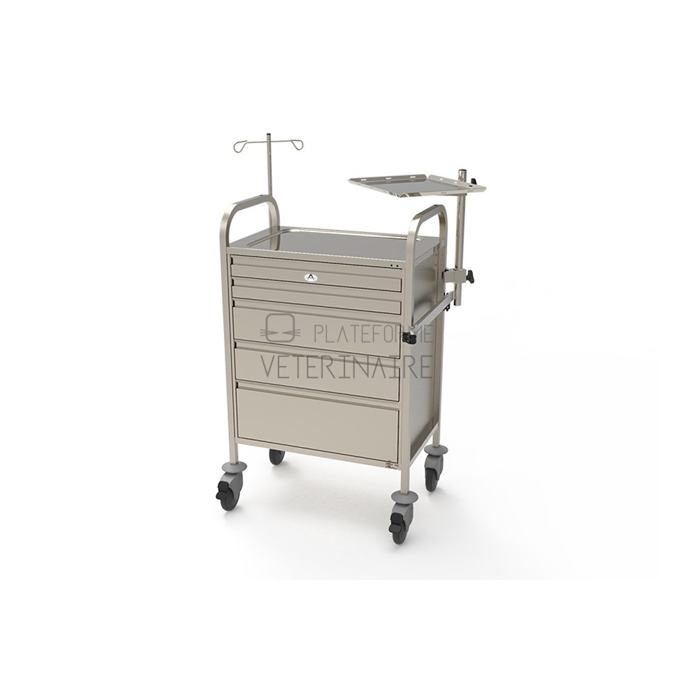 CHARIOT URGENCE INOX AVEC TABLETTE PORTE DEFIBRILLATEUR ET RAIL