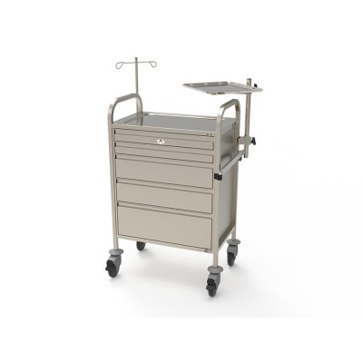 CHARIOT URGENCE INOX AVEC TABLETTE PORTE DEFIBRILLATEUR ET RAIL