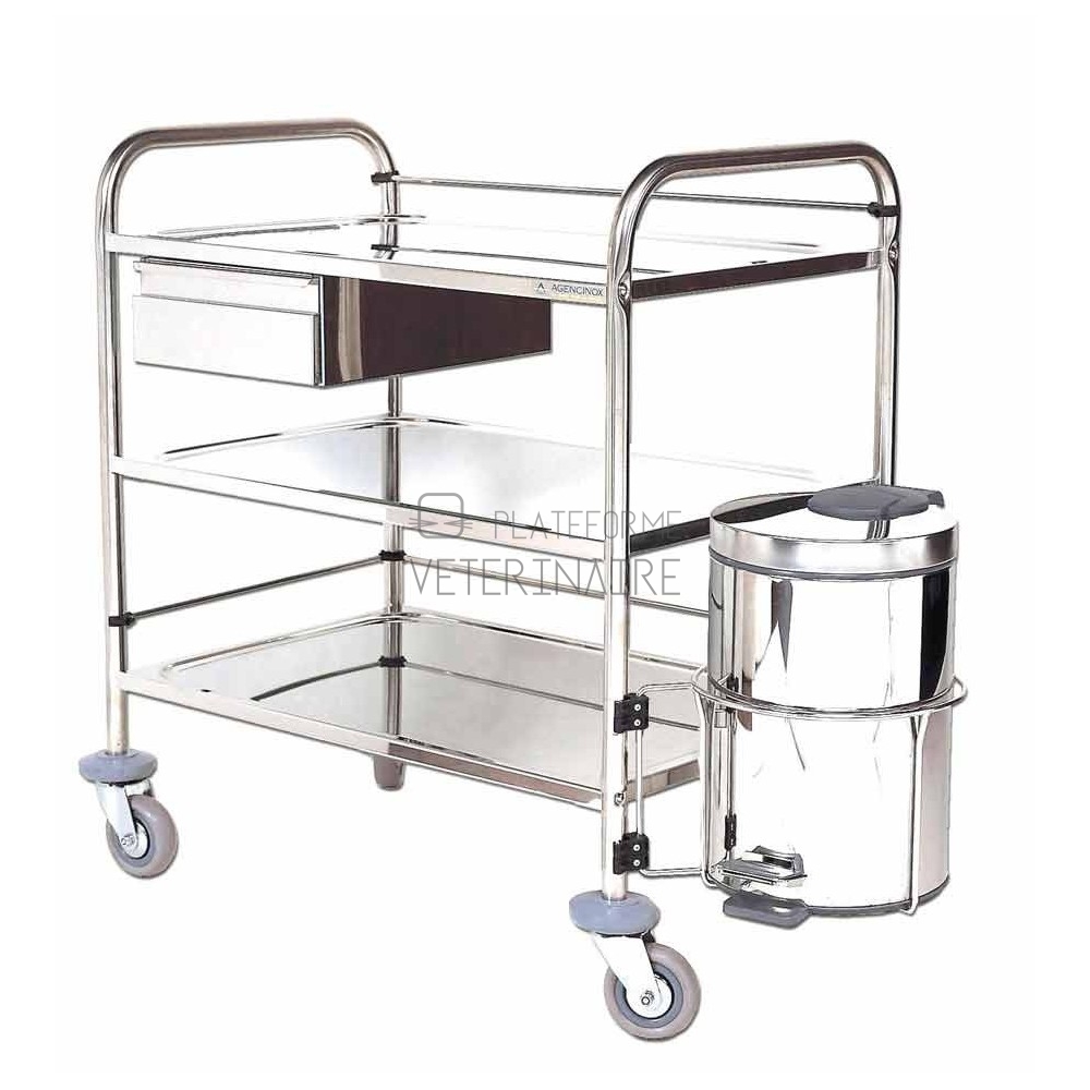 CHARIOT PANSEMENT 2 PLATEAUX  INOX AVEC POUBELLE (15L) 75 X 50 CM