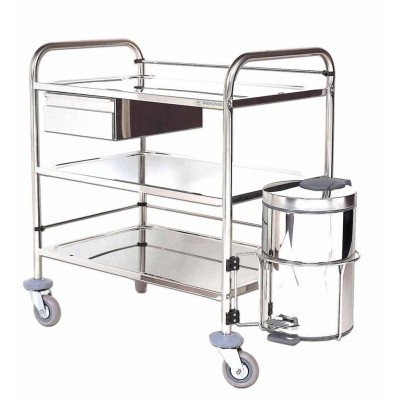 CHARIOT PANSEMENT 2 PLATEAUX  INOX AVEC POUBELLE (15L) 75 X 50 CM