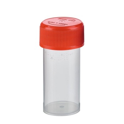 FLACON PRELEV.PLASTIQUE.40ML STERILE BOUCHON ROUGE (X800)